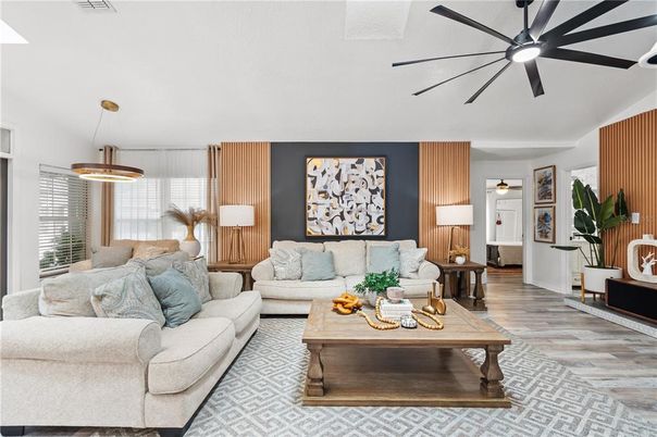 Dining room, Interior, Living room, Pendant Lights, Wood Texture Flooring