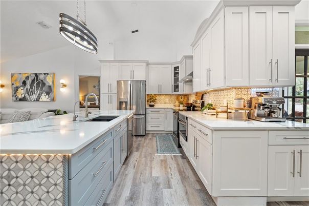 Interior, Kitchen, Pendant Lights, Stainless Steel Appliances, Wood Texture Flooring