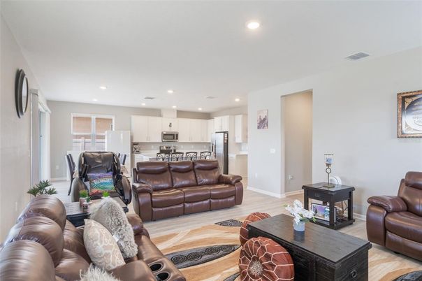 Interior, Kitchen, Living room, Recessed Lighting, Stainless Steel Appliances, Wood Texture Flooring