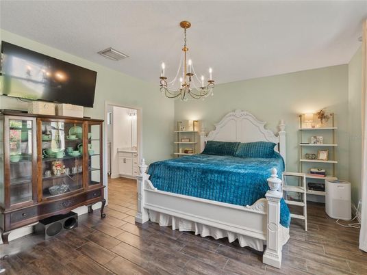 Bedroom, Chandelier, Interior, Wood Texture Flooring