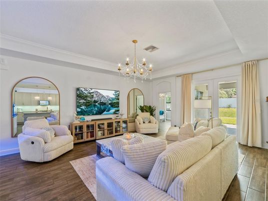 Chandelier, Interior, Living room, Pendant Lights, Wood Texture Flooring