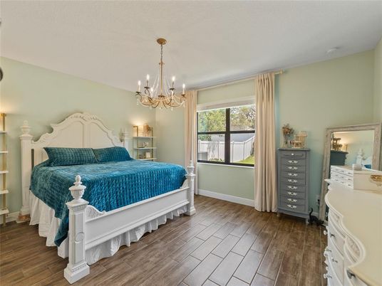 Bedroom, Chandelier, Interior, Wood Texture Flooring