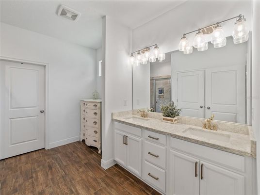 Bathroom, Dual Sink Vanities, Interior, Wood Texture Flooring