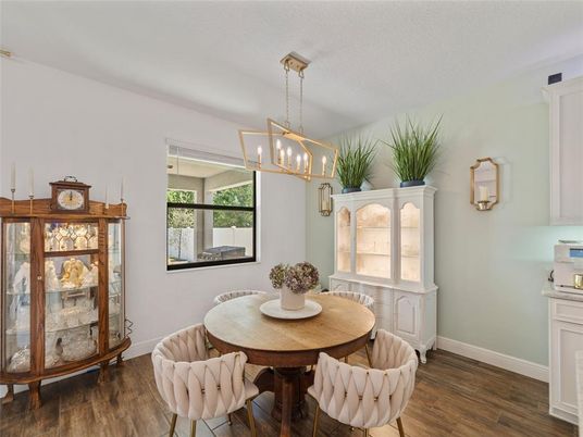 Dining room, Interior, Pendant Lights, Wood Texture Flooring