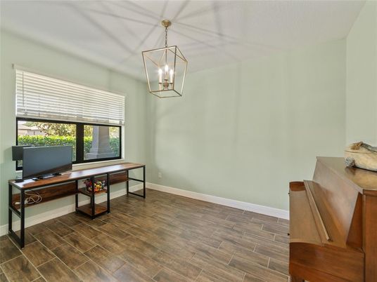 Home Office, Interior, Pendant Lights, Wood Texture Flooring