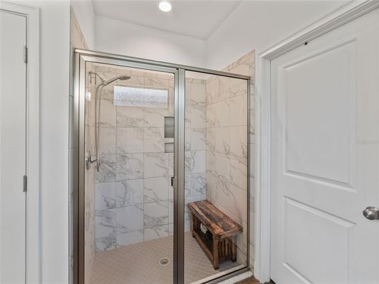 Bathroom, Glass Shower, Interior, Marble Walls, Recessed Lighting