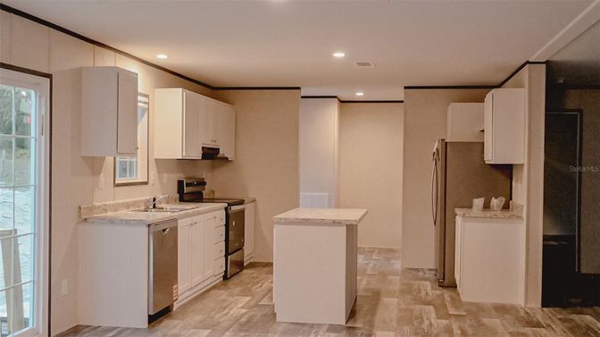 Interior, Kitchen, Recessed Lighting, Wood Texture Flooring