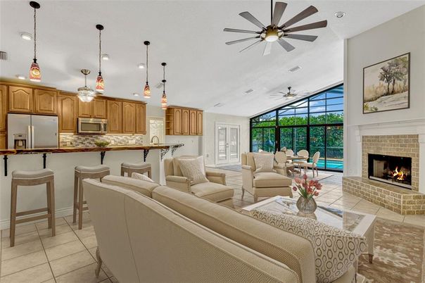 Fireplace, Interior, Kitchen, Living room, Pendant Lights, Recessed Lighting