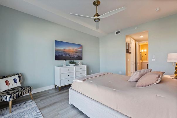 Bedroom, Interior, Recessed Lighting, Wood Texture Flooring