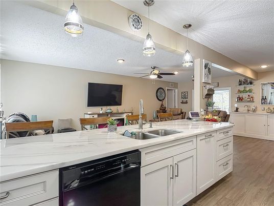 Interior, Kitchen, Pendant Lights, Recessed Lighting, Wood Texture Flooring