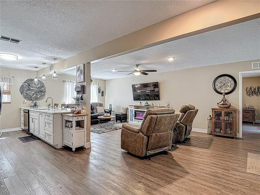 Interior, Kitchen, Living room, Pendant Lights, Recessed Lighting, Wood Texture Flooring