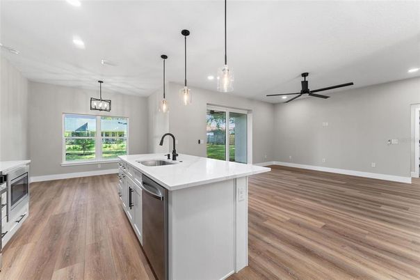 Interior, Kitchen, Pendant Lights, Recessed Lighting, Wood Texture Flooring