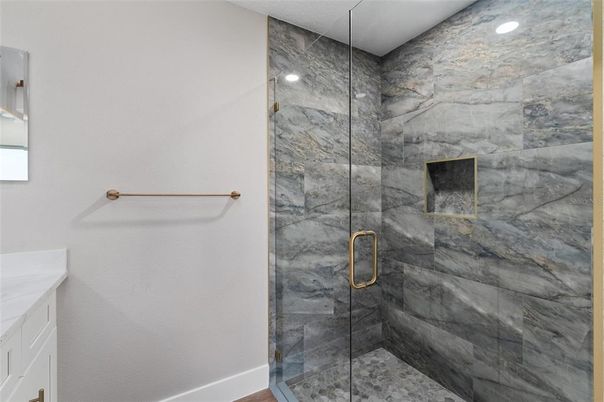 Bathroom, Glass Shower, Interior, Marble Walls, Recessed Lighting