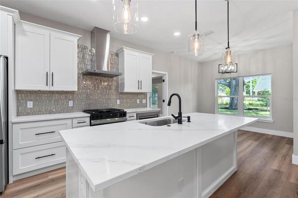 Interior, Kitchen, Pendant Lights, Recessed Lighting, Wood Texture Flooring