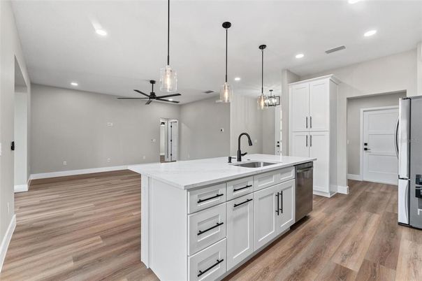 Interior, Kitchen, Pendant Lights, Recessed Lighting, Wood Texture Flooring