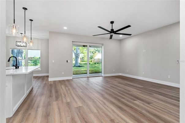 Empty room, Interior, Kitchen, Pendant Lights, Recessed Lighting, Wood Texture Flooring