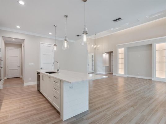 Empty room, Interior, Kitchen, Pendant Lights, Recessed Lighting, Wood Texture Flooring