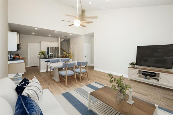 Dining room, Interior, Kitchen, Living room, Recessed Lighting, Stainless Steel Appliances, Wood Texture Flooring