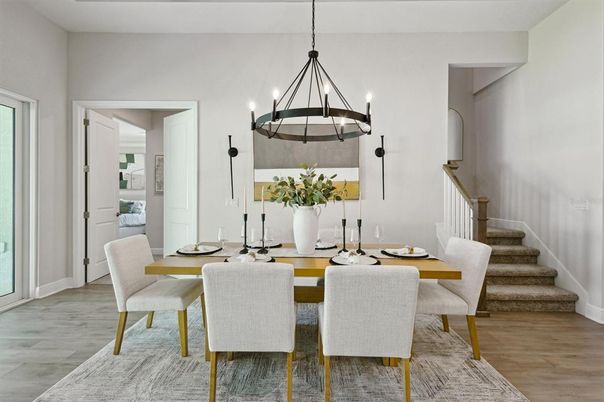 Chandelier, Dining room, Interior, Pendant Lights, Wood Texture Flooring