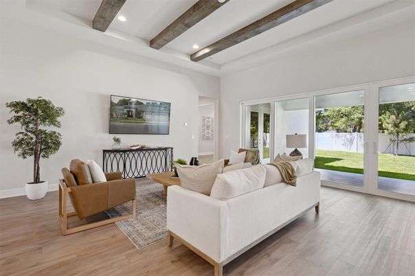 Interior, Living room, Recessed Lighting, Wooden Beams, Wood Texture Flooring