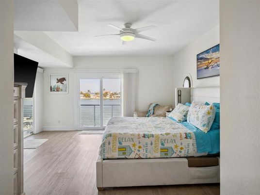 Bedroom, Fireplace, Interior, Water, Wood Texture Flooring