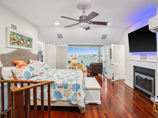 Bedroom, Fireplace, Interior, Recessed Lighting, Wood Texture Flooring