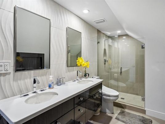 Bathroom, Dual Sink Vanities, Glass Shower, Interior, Recessed Lighting