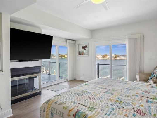 Bedroom, Fireplace, Interior, Water, Wood Texture Flooring