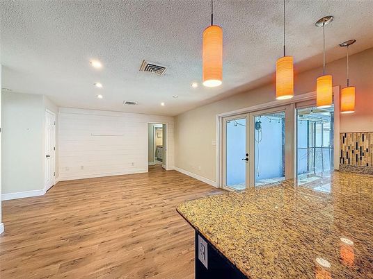 Empty room, Interior, Pendant Lights, Recessed Lighting, Wood Texture Flooring