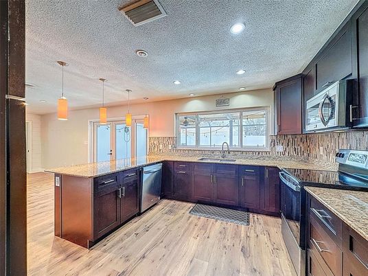 Interior, Kitchen, Pendant Lights, Recessed Lighting, Wood Texture Flooring
