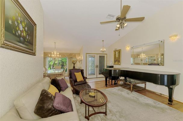 Chandelier, Interior, Living room, Piano, Wood Texture Flooring