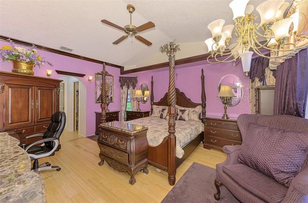 Bedroom, Chandelier, Interior, Wood Texture Flooring