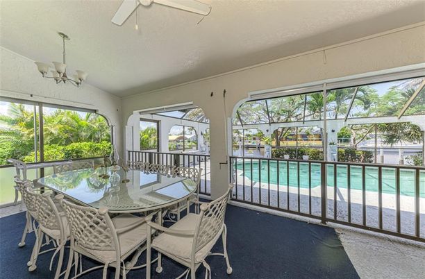 Chandelier, Dining room, Interior, Pool, Sun Room