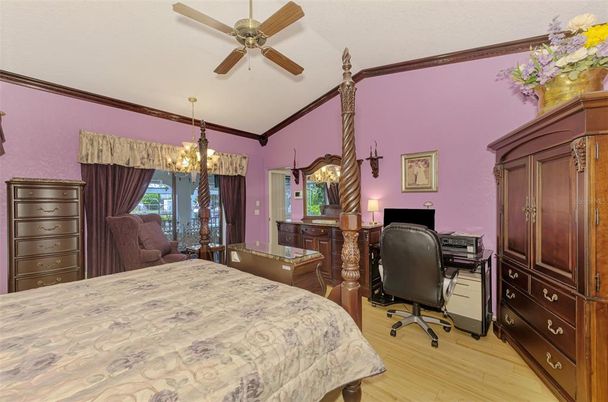 Bedroom, Chandelier, Home Office, Interior, Wood Texture Flooring