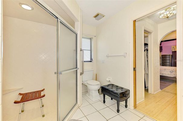 Bathroom, Glass Shower, Interior, Recessed Lighting, Wood Texture Flooring