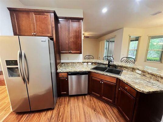 Interior, Kitchen, Recessed Lighting, Stainless Steel Appliances, Wood Texture Flooring
