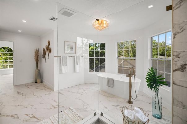 Bathroom, Free Standing Baths, Interior, Marble, Marble Walls, Recessed Lighting