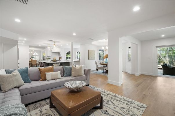Dining room, Interior, Kitchen, Living room, Pendant Lights, Recessed Lighting, Wood Texture Flooring