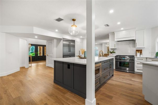 Interior, Kitchen, Pendant Lights, Recessed Lighting, Stainless Steel Appliances, Wood Texture Flooring