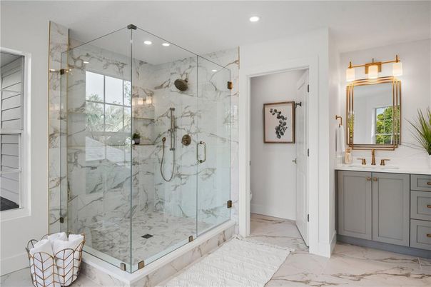 Bathroom, Glass Shower, Interior, Marble, Marble Walls, Recessed Lighting