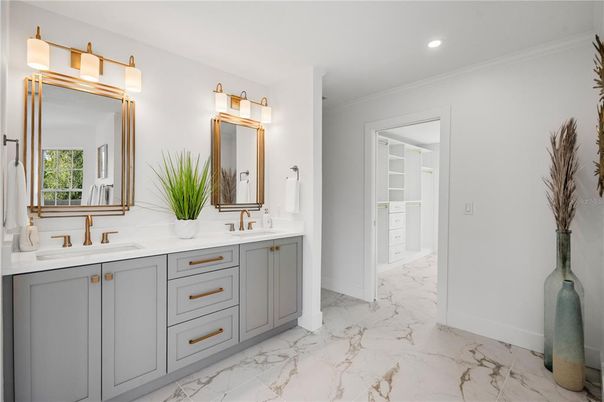 Bathroom, Dual Sink Vanities, Interior, Marble, Recessed Lighting