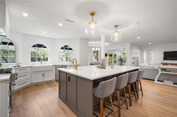 Interior, Kitchen, Pendant Lights, Recessed Lighting, Wood Texture Flooring
