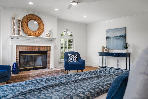 Bedroom, Fireplace, Interior, Recessed Lighting, Wood Texture Flooring