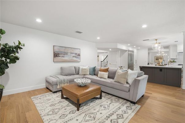 Interior, Kitchen, Living room, Pendant Lights, Recessed Lighting, Wood Texture Flooring