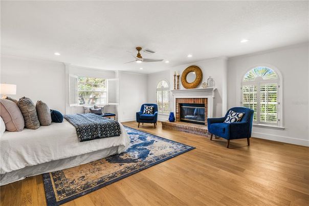 Bedroom, Fireplace, Interior, Recessed Lighting, Wood Texture Flooring