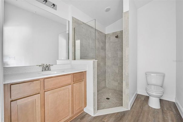 Bathroom, Glass Shower, Interior, Wood Texture Flooring