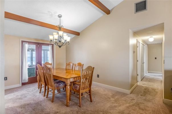 Chandelier, Dining room, Interior, Wooden Beams