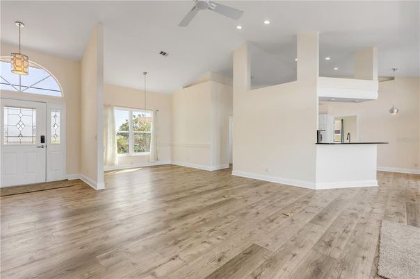Interior, Kitchen, Pendant Lights, Recessed Lighting, Wood Texture Flooring