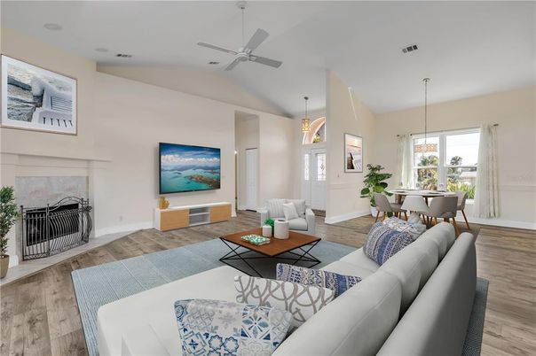 Dining room, Fireplace, Interior, Living room, Pendant Lights, Wood Texture Flooring