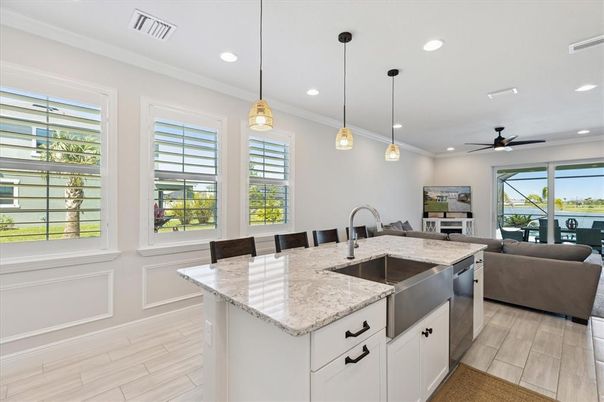 Interior, Kitchen, Living room, Pendant Lights, Recessed Lighting, Wood Texture Flooring